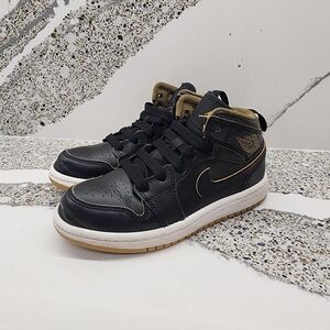 Nike Air Jordan 1 Mid Toddler Black Gold Sneakers US 11C | Leather | Kids